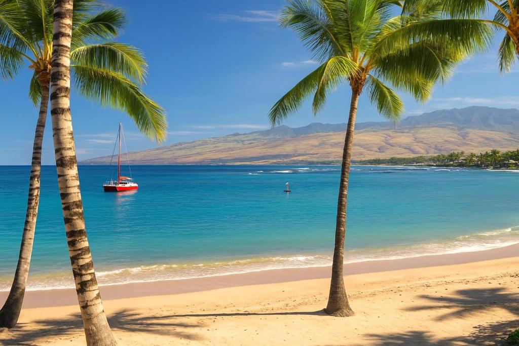 deux palmiers sur une plage avec un bateau dans l'eau dans l'établissement KBM Resorts FREE CAR Islands at Mauna Lani 2-Bedroom Condo with Multiple Lanais IML-D3, à Waikoloa