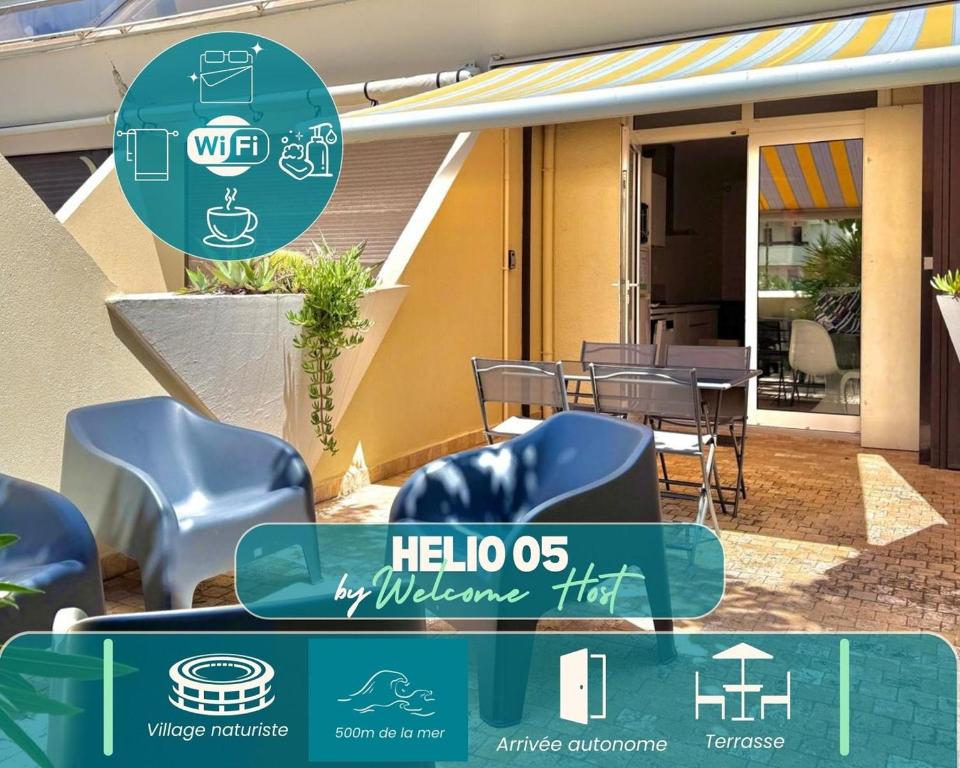 un panneau devant un patio avec des chaises et des tables dans l'établissement Helio O5, séjour calme et relaxant, au Cap d'Agde