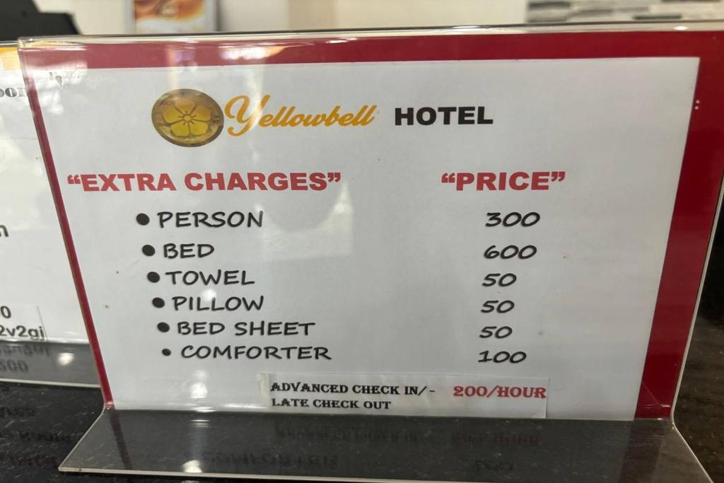 Certifikát, hodnocení, plakát nebo jiný dokument vystavený v ubytování Yellowbell Hotel
