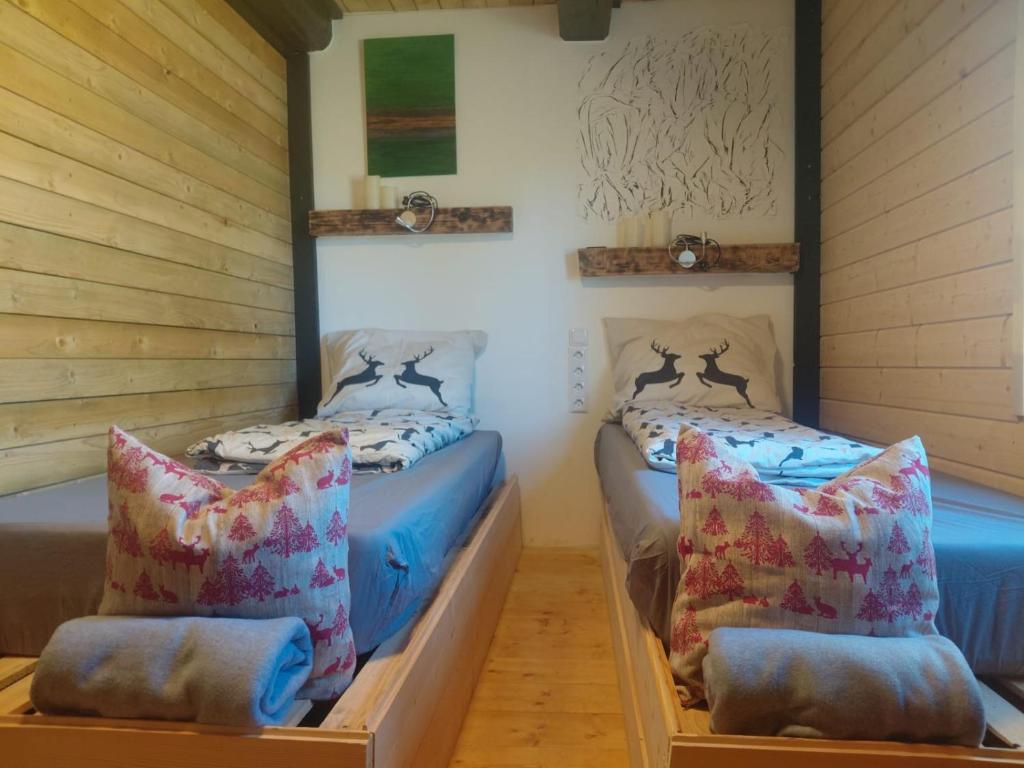 2 letti singoli in una camera con pareti in legno di Grotini a Ķipari