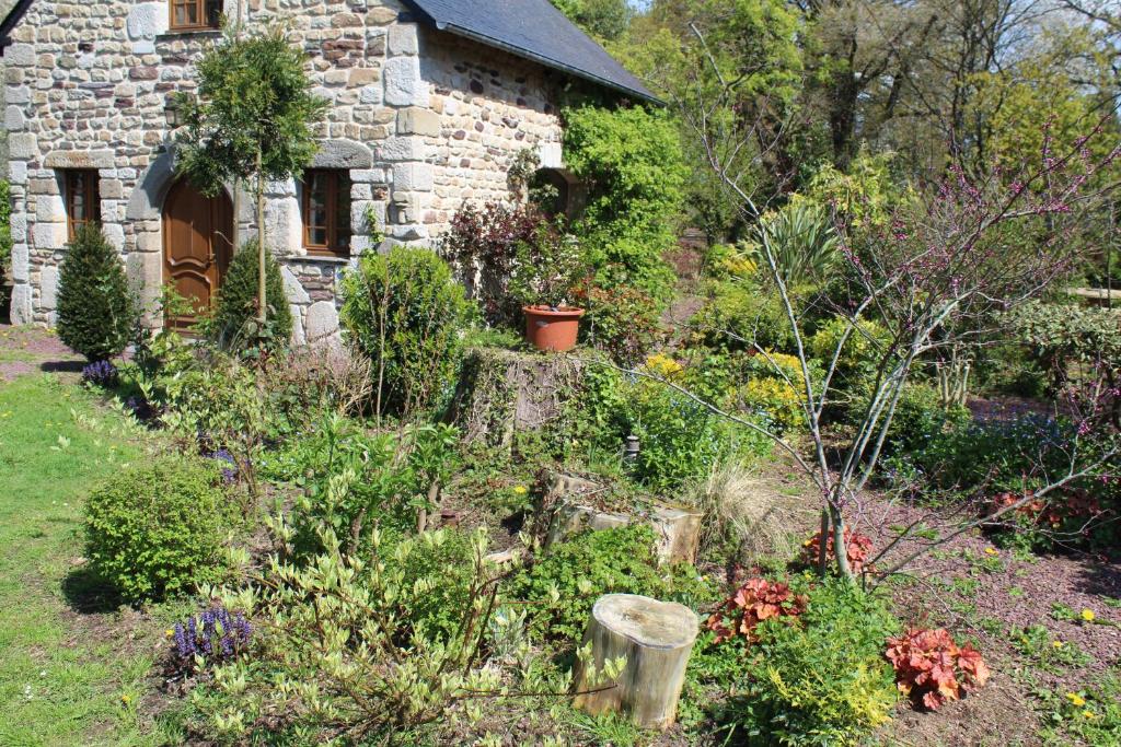 un jardin en face d'une vieille maison en pierre dans l'établissement Gîte de l'Ermitage en Brocéliande 2 à 4 personnes, à Mauron