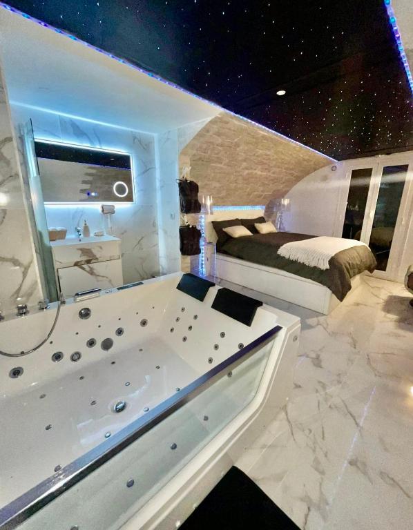 une salle de bain avec baignoire et un lit dans une chambre dans l'établissement Nice Room, à Nice
