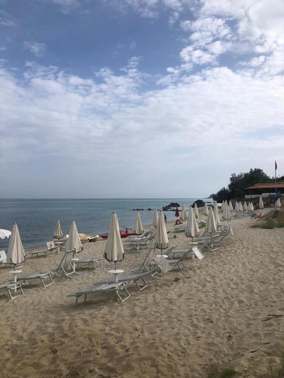 a group of chairs and umbrellas on a beach at Villa Benedetta in Parghelia