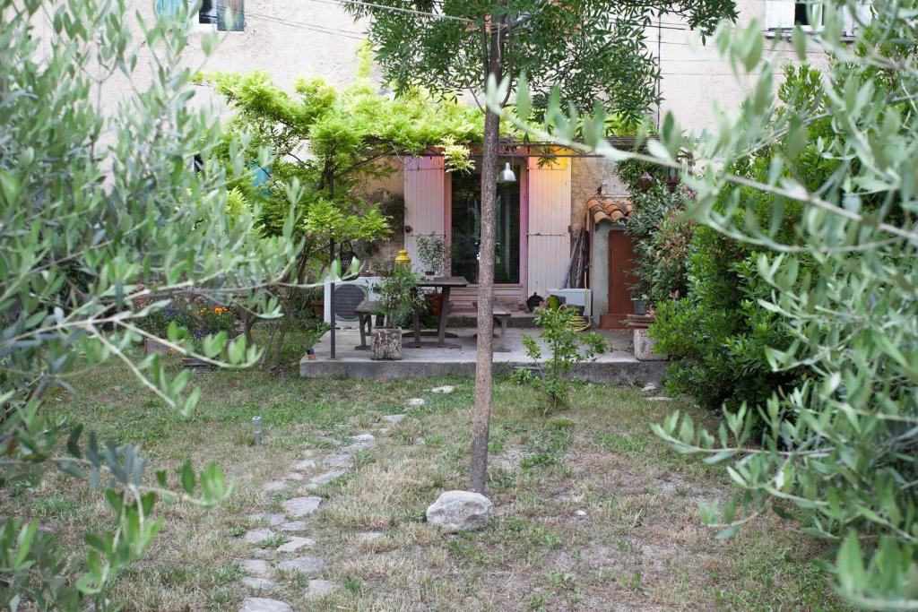 un jardin avec un petit arbre en face d'une maison dans l'établissement Maison dans un coin de verdure proche de la Sorgue, à LʼIsle-sur-la-Sorgue