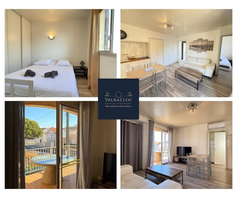 un collage de photos d'une chambre et d'un salon dans l'établissement Valras-Loc - Appartement avec terrasse et parking,, à Valras-Plage