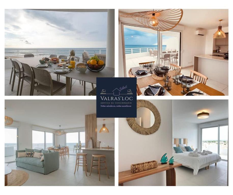 un collage de photos d'une cuisine et d'un salon dans l'établissement ValrasLoc Archipel Panarea Vues Inegalees, à Valras-Plage