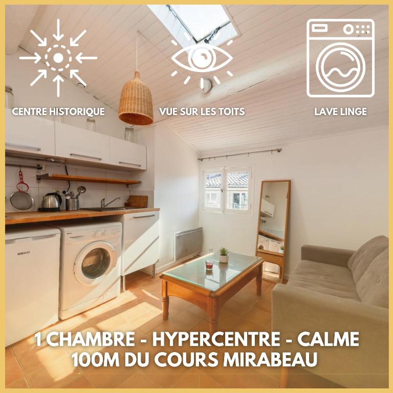 普罗旺斯艾克斯Les Toits d'Aix - Hyper Centre - Cours Mirabeau的带沙发和桌子的客厅