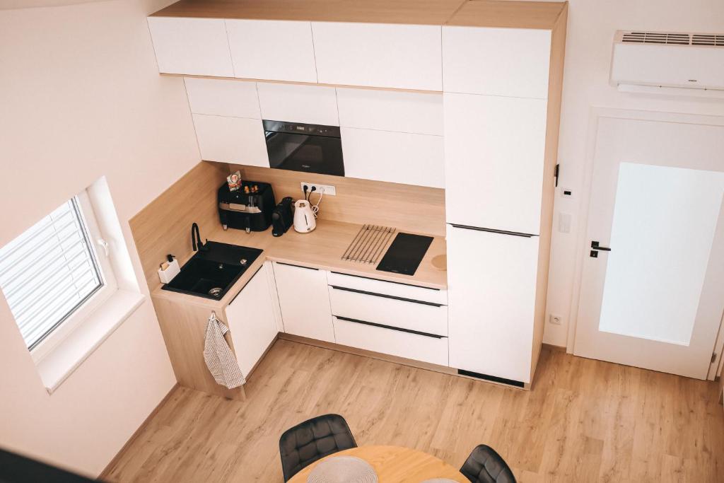 Kuchyň nebo kuchyňský kout v ubytování Apartmány DVĚ BOBULE 1 kk