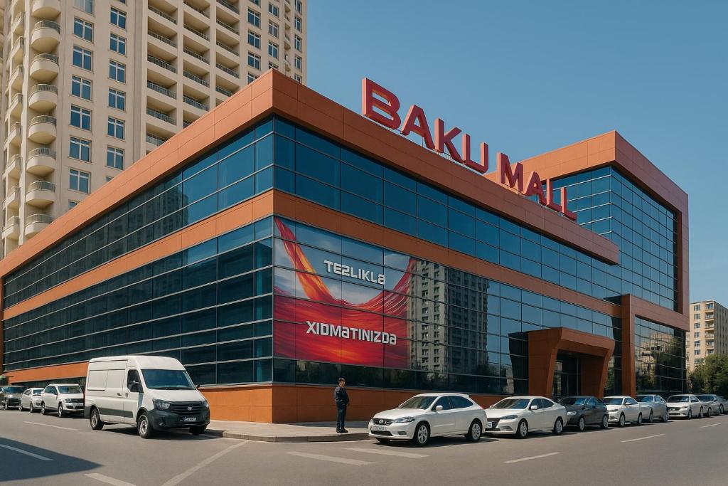 バクーにあるBAKU MALL apartmentsの前に車が駐車されている大きな建物