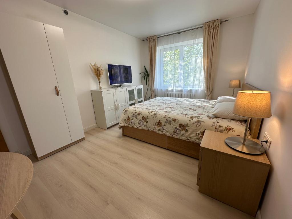 a bedroom with a bed and a window at Apartamentai šalia baseino in Palanga