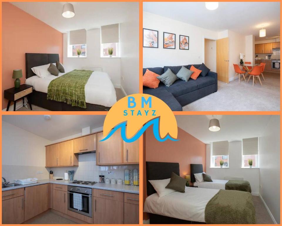a collage of three pictures of a bedroom and a living room at 1-Bed Apartment in Bournemouth centre in Bournemouth