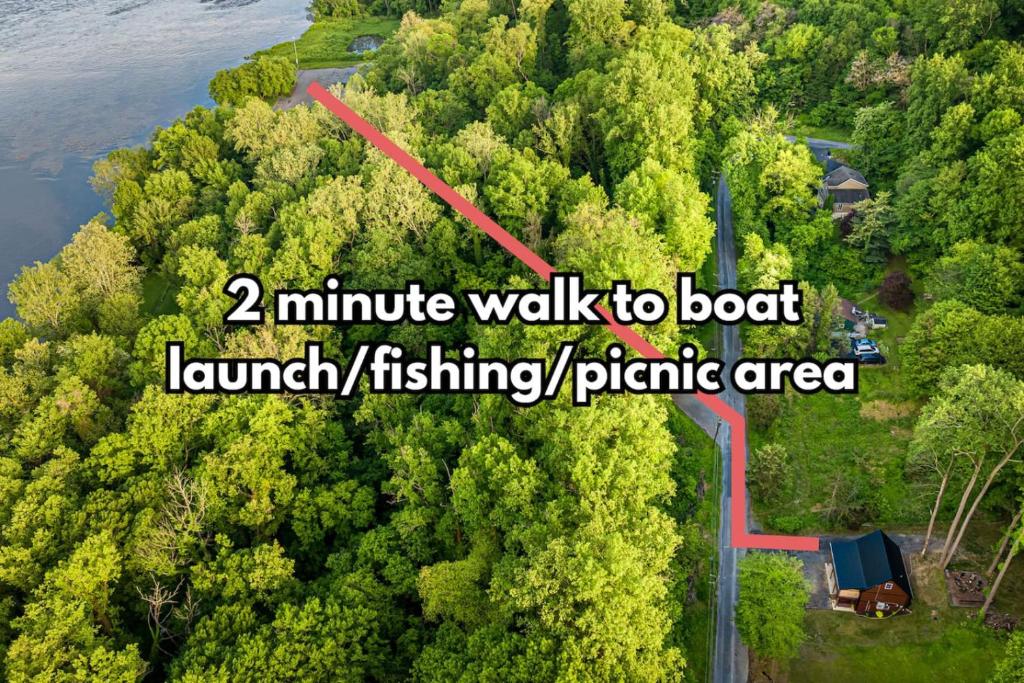 an aerial view of a forested area with a red line at The River Shack - kayaks, fishing, quiet, family in Delta