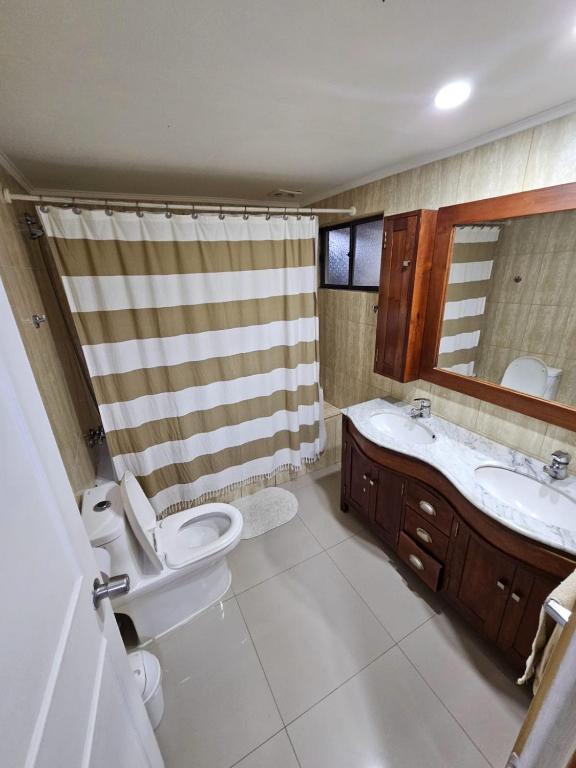 a bathroom with a toilet and a sink and a mirror at Hostal Aires del Sur Renovado in Rancagua