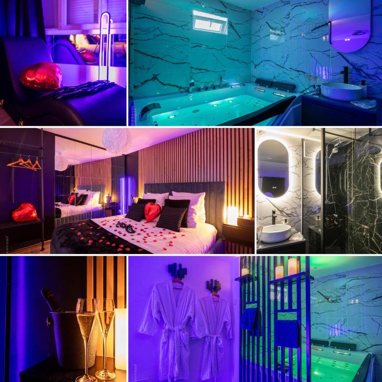 un collage de photos d'une chambre avec un lit et une baignoire dans l'établissement Love Room 91 avec Jacuzzi Privatif 30 min de Paris pour nuit insolite, à Longjumeau