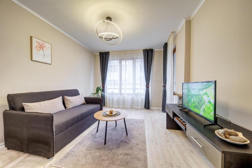 un salon avec un canapé et une télévision dans l'établissement Dream View 1BD - Quick Slope Access by Flat Manager, à Pamporovo