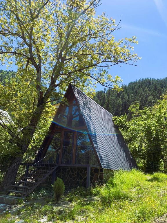 a small house with a metal roof in a field at Wonderwood Borjomi Cottage in Borjomi