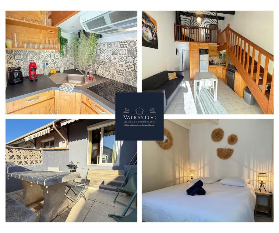 un collage de photos d'une cuisine et d'une chambre dans l'établissement Valras-Loc - Maison avec terrasse, parking, à Valras-Plage
