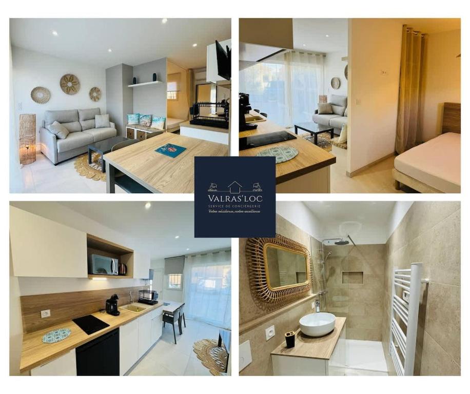un collage de quatre photos d'un salon et d'une cuisine dans l'établissement Valras-Loc - Studio Moderne avec Jardin, à Valras-Plage