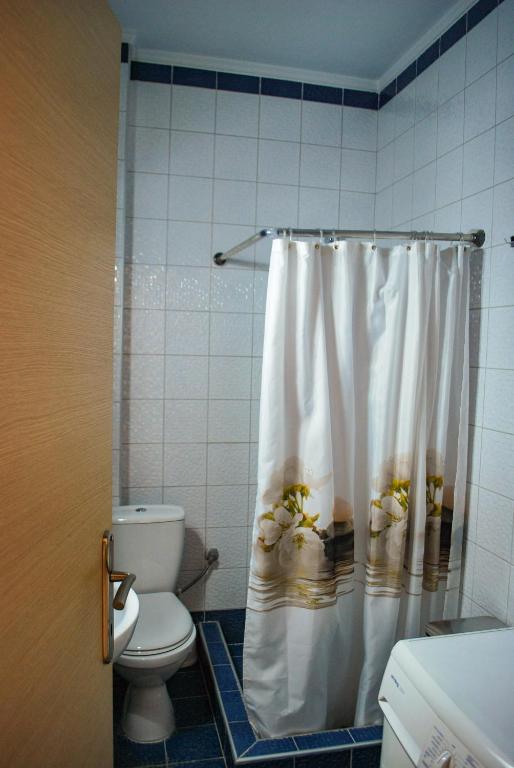 a bathroom with a toilet and a shower curtain at Canal Luxury Apartments in Nea Potidaea