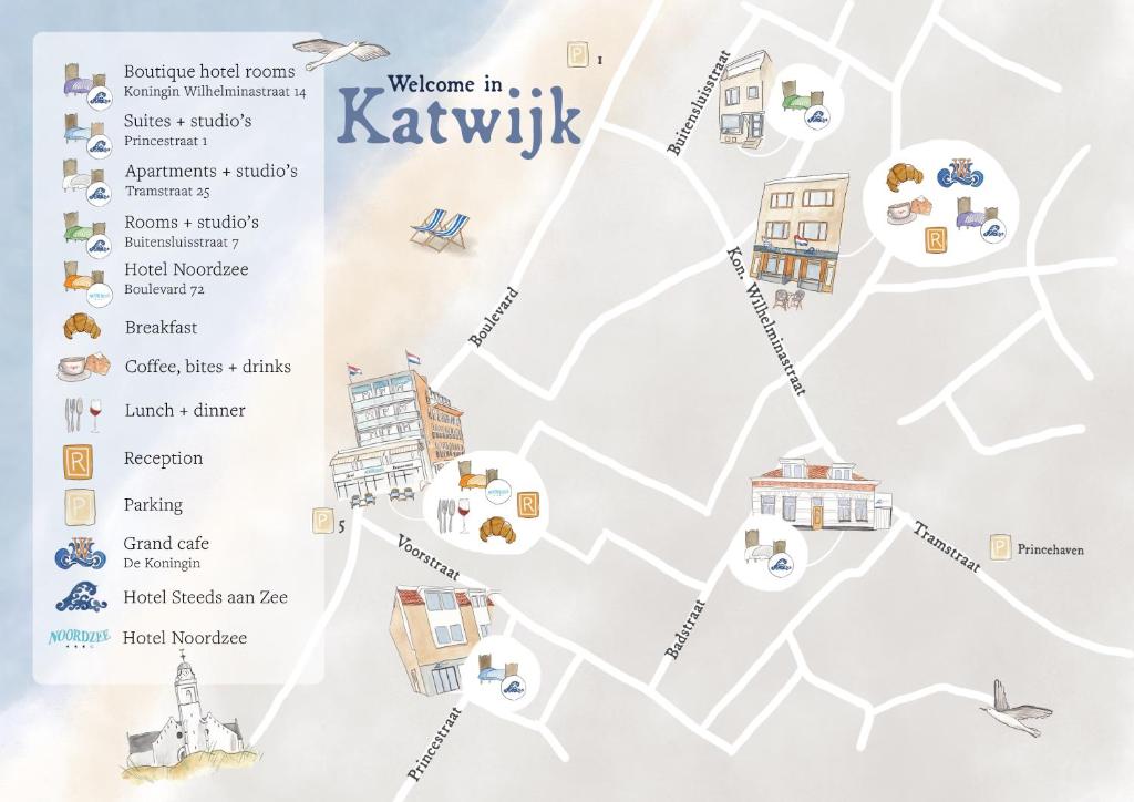 een kaart van Krakatown met gebouwen en attracties bij Hotel Steeds aan Zee in Katwijk