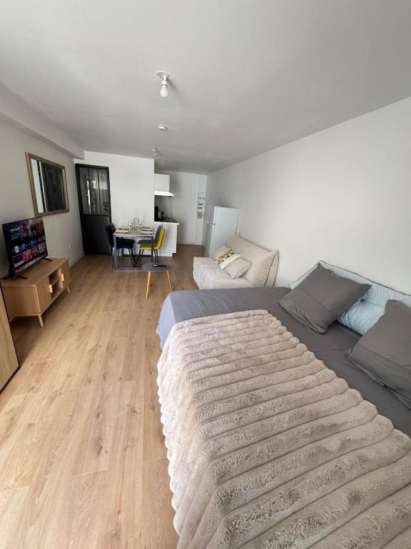 une chambre avec un grand lit et un salon dans l'établissement logement 5 tout confort gare centre, à Poitiers