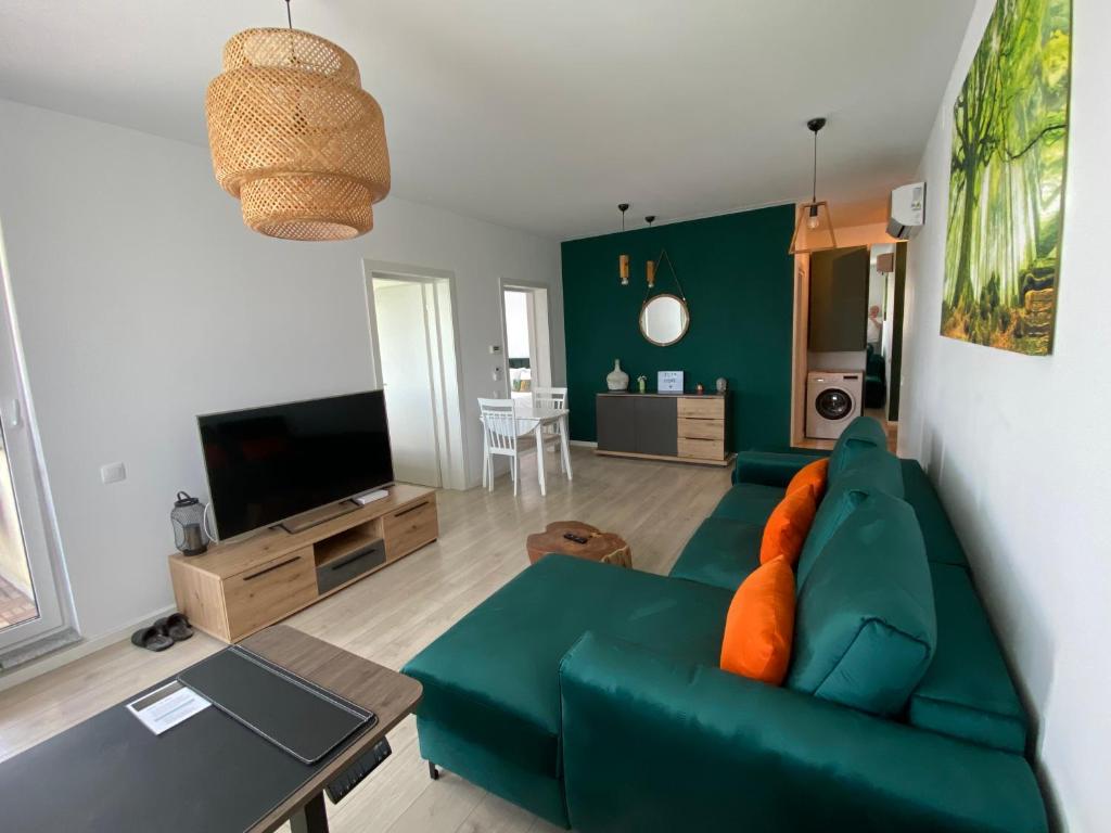 VoluntariにあるCozy Flat North Bucharestのリビングルーム(緑のソファ、テレビ付)