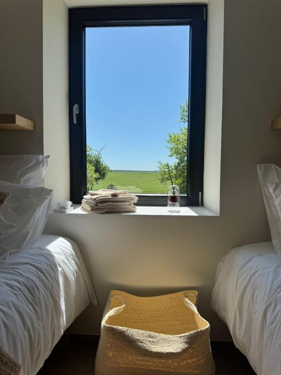 a room with two beds and a window with a view at La Barzalière in Chimay