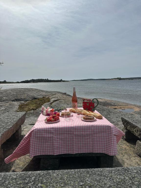 een picknicktafel met een fles wijn en eten bij Nilsen in Fredrikstad