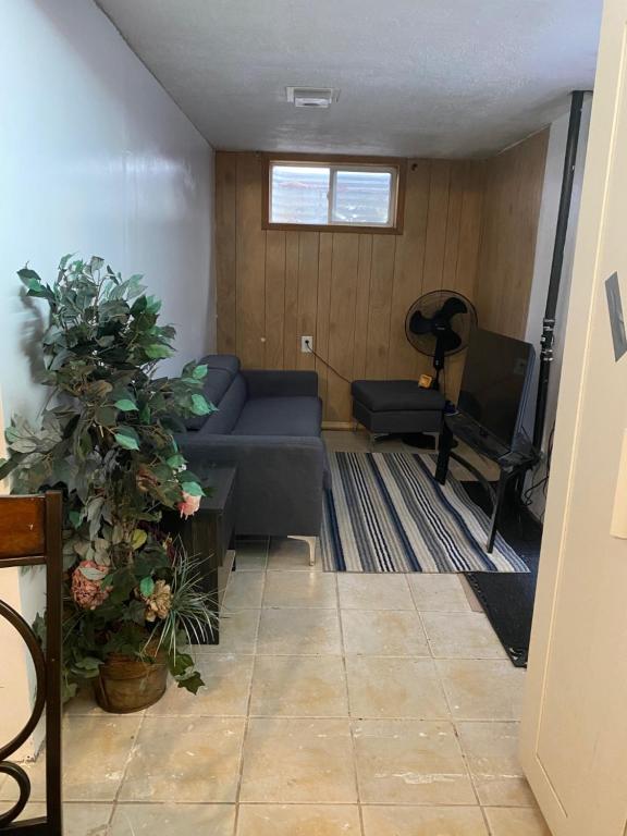 a living room with a blue couch and a tv at Peace and Comfort 1-bedroom basement Apartment in Brampton