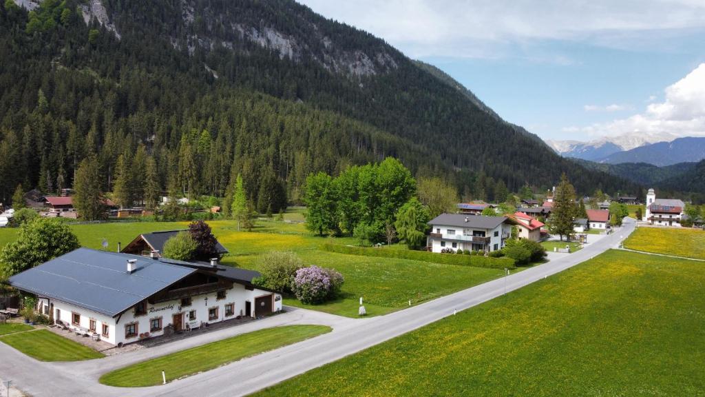 an aerial view of a village with a mountain at Rosumerhof in Leutasch