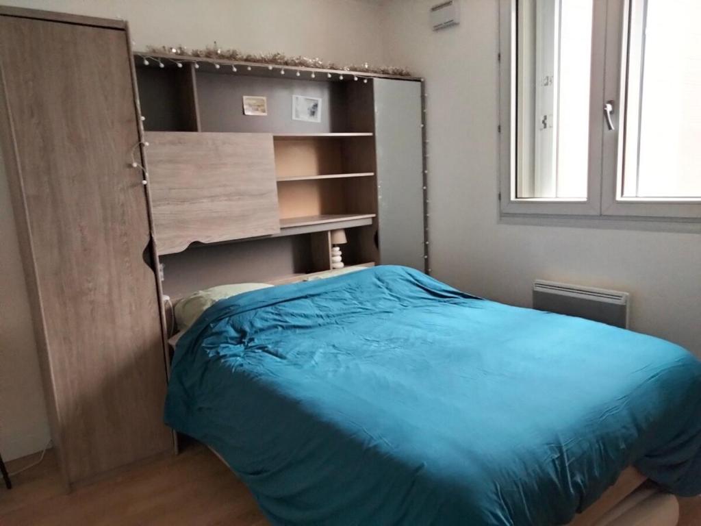 une chambre avec un lit avec une couverture bleue dans l'établissement Belle chambre privée, à Toulouse
