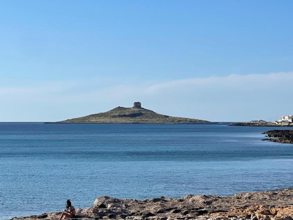 a person sitting on a rock in the water with an island at Le Palme House in Isola delle Femmine