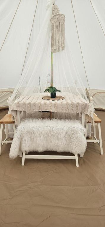 Postel nebo postele na pokoji v ubytování Naturcamping #Tipi #Zelt #Jurte #Glamping in der Seenplatte MST Mecklenburgische Seenplatte #Mecklenburg-Vorpommern