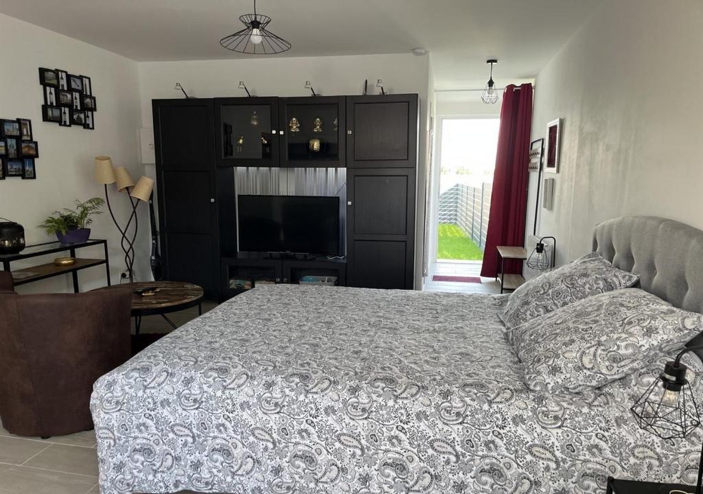 a bedroom with a large bed and a television at Cocooning Studio de la Gare in Saint-André-de-Cubzac