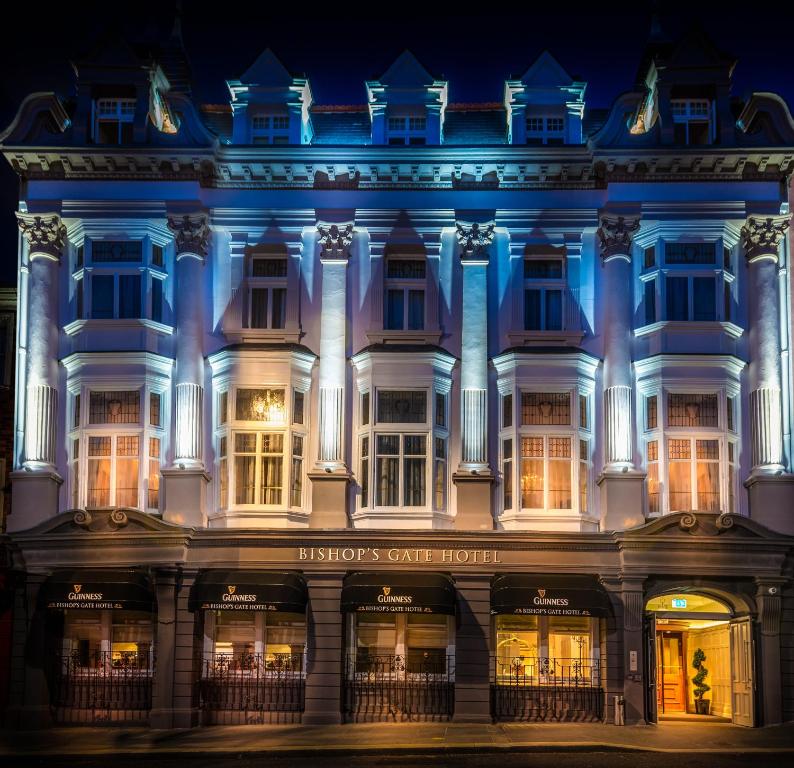 a building lit up at night at Bishop's Gate Hotel in Derry Londonderry