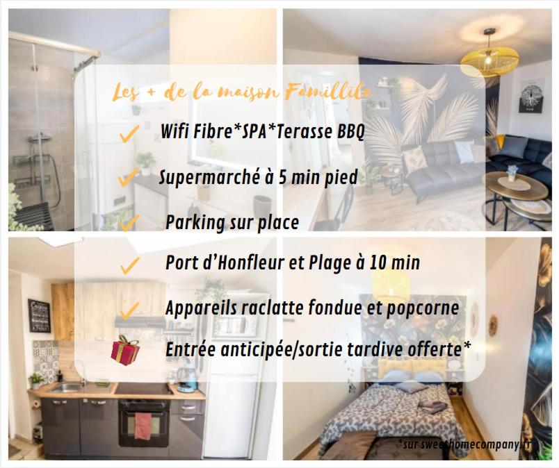 un collage de photos d'une chambre avec une affiche dans l'établissement Maison familiale Terrasse Jacuzzi Parking sur place près d'Honfleur, à Équemauville