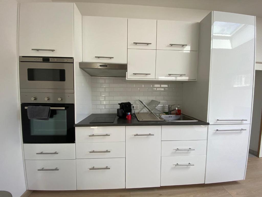 Biała kuchnia z białymi szafkami i zlewem w obiekcie Appartement paisible proche centre ville w mieście Bron