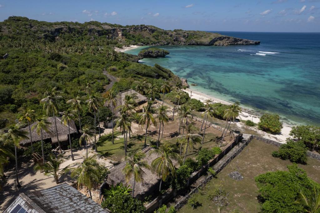 eine Luftblick auf einen Strand mit Palmen in der Unterkunft Rote Beach House in Nembrala