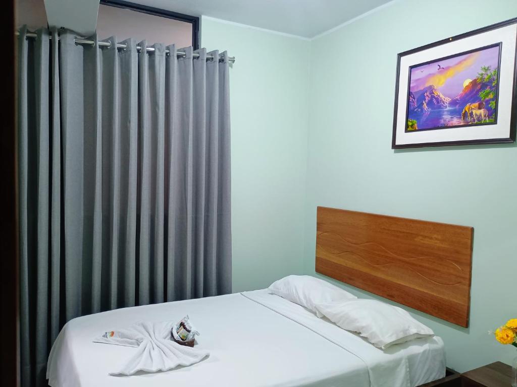 a bedroom with a bed and a curtain at Hospedaje Bello Horizonte in Tarapoto
