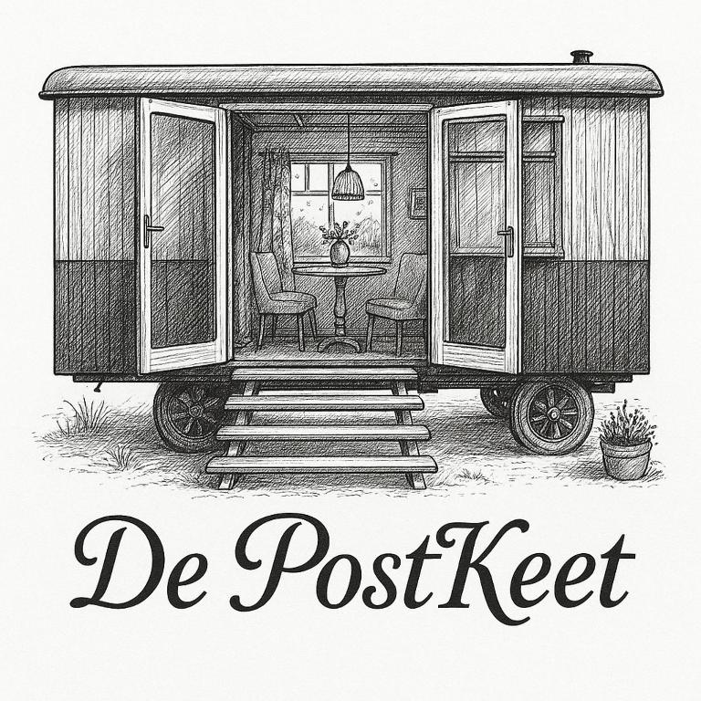 a drawing of a trolley car with the words de postet at De PostKeet in De Cocksdorp