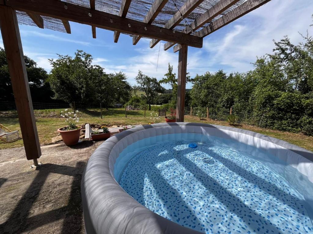- une piscine dans un jardin avec une pergola dans l'établissement Corps de ferme Gers, à Saint-Blancard