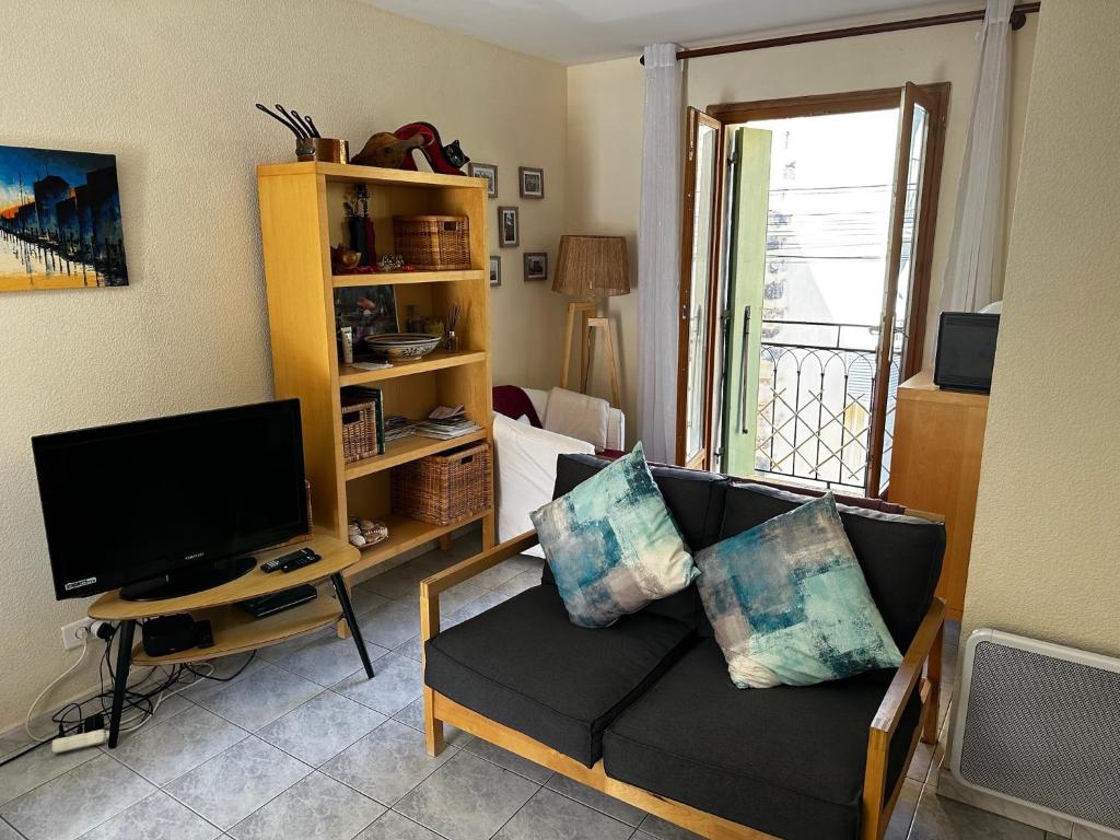 un salon avec un canapé et une télévision dans l'établissement Charming Marseillan House with Great Location, à Marseillan