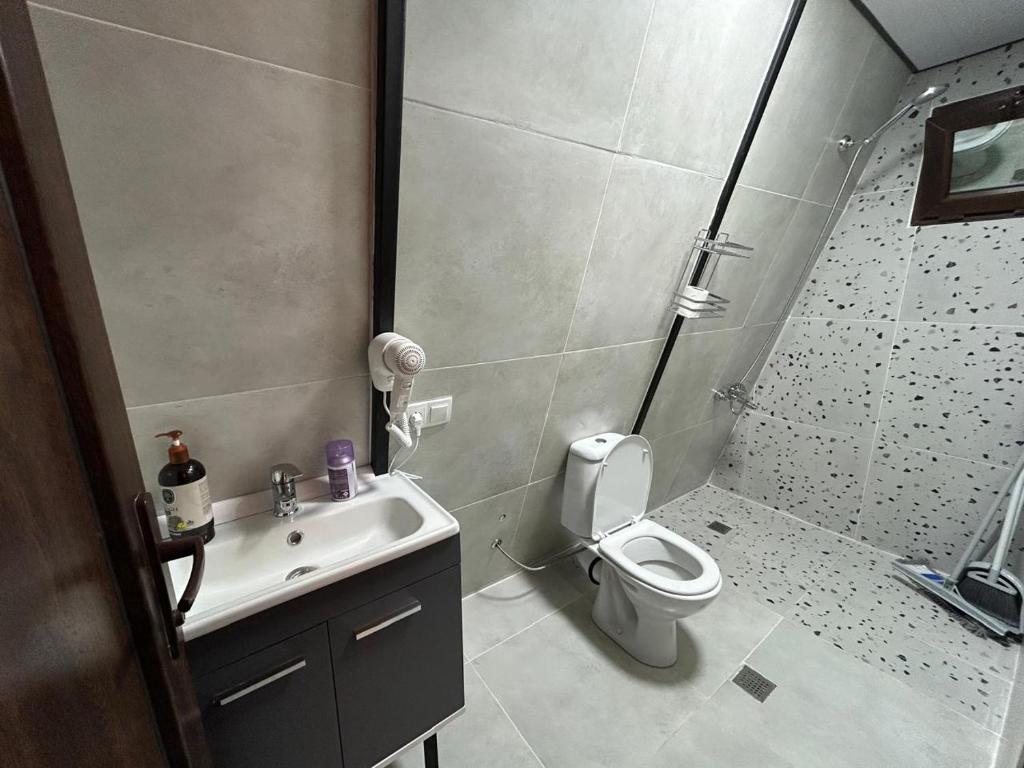 ein Badezimmer mit Toilette, Waschbecken und Dusche in der Unterkunft Orange Cottage in Agara