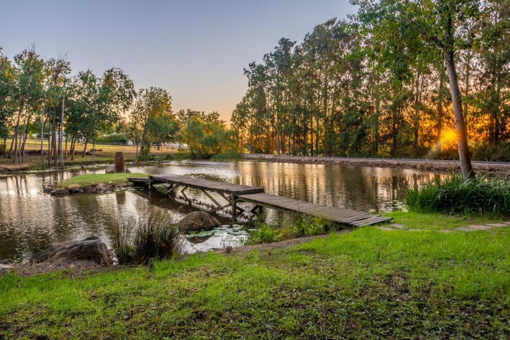 a wooden bridge over a pond in a park at Marshden Estate in Stellenbosch