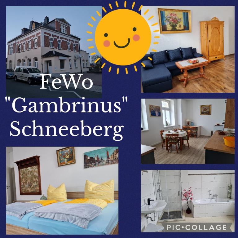 a collage of photos of a living room and a house at Gambrinus Schneeberg in Schneeberg