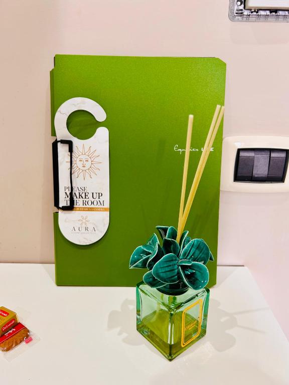 una scatola verde con le bacchette e un vaso con una pianta di Le Stanze di Megaride a Napoli