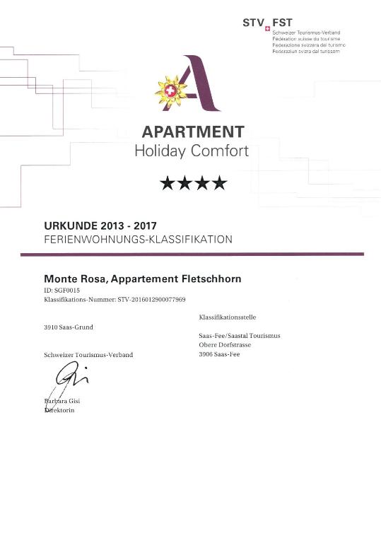 Certifikát, hodnocení, plakát nebo jiný dokument vystavený v ubytování Monte Rosa