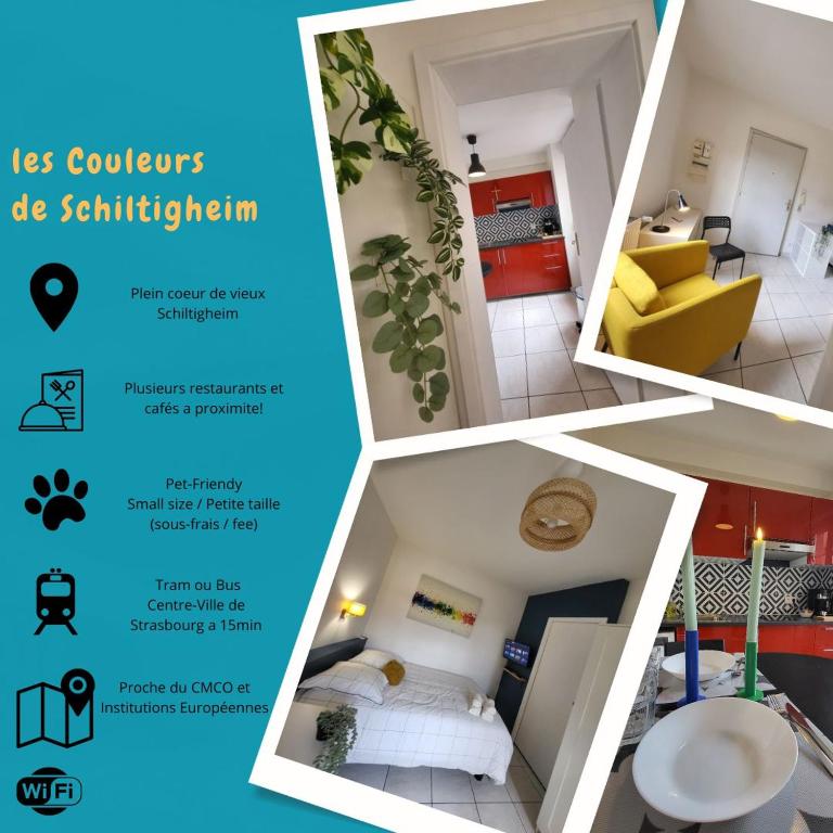 un collage de quatre photos d'une pièce dans l'établissement Les couleurs de Schiltigheim, à Schiltigheim