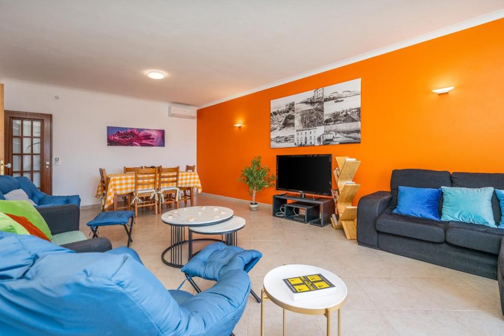 ein Wohnzimmer mit Sofa und Fernseher in der Unterkunft Two Bedroom Apartment - 110m2, AC, Terrace, Wi-Fi in Lagos