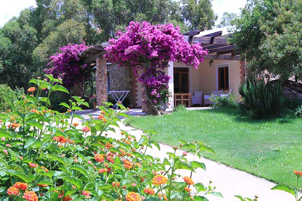 einen Garten mit einem Haus mit lila Blumen in der Unterkunft House Suestellas in Teulada